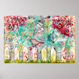 Bird & White Picket Fence Gemengde Media Poster Pr
