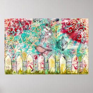Bird & White Picket Fence Gemengde Media Poster Pr
