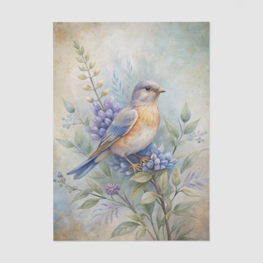 Bird with Flowers in Shades of Blue and Purple Tissuepapier (Voorkant)