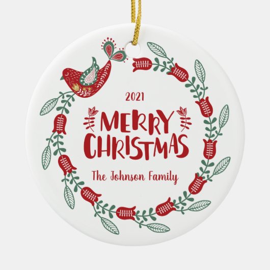 Bird Wreath & Family Fotokerstversiering Keramisch Ornament (Voorkant)
