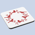 Bird Wreath Modern Scandi Bier Onderzetter<br><div class="desc">,  feestelijke Scandinavische vogel en rozenheup. Rood op een witte achtergrond.</div>