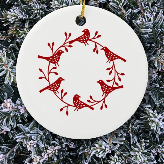 Bird Wreath Red op White Modern Scandi Keramisch Ornament