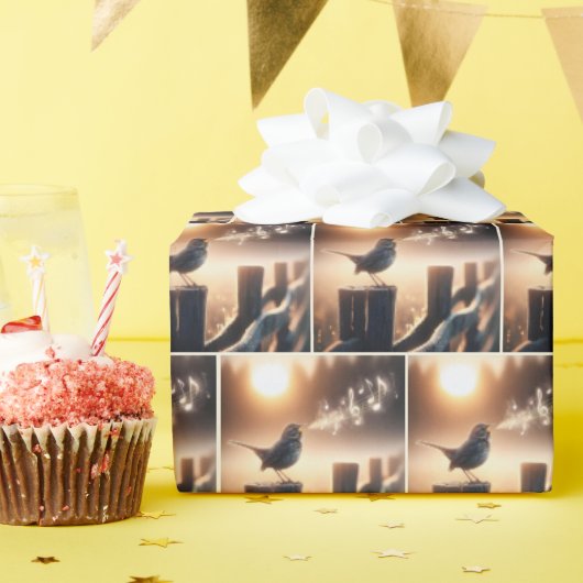 Bird zingen een lied op een hekpaal cadeaupapier (Verjaardagsfeest)