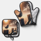 Bird zingt een lied op een hekpaal ovenwant & pannenlap set (Voorkant / Achterkant)