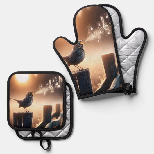 Bird zingt een lied op een hekpaal ovenwant & pannenlap set (Voorkant / Achterkant)