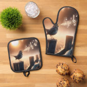 Bird zingt een lied op een hekpaal ovenwant & pannenlap set (Top down)