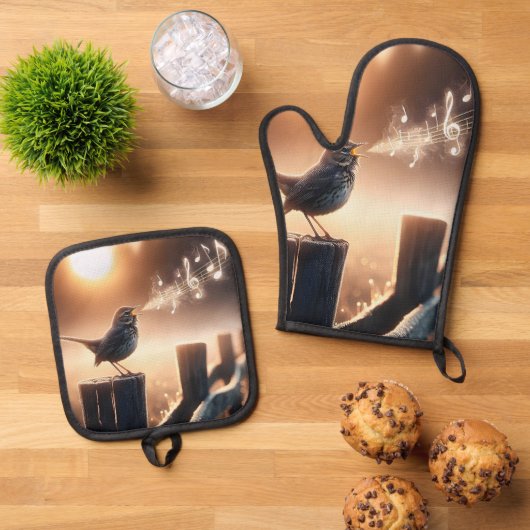 Bird zingt een lied op een hekpaal ovenwant & pannenlap set (Top down)