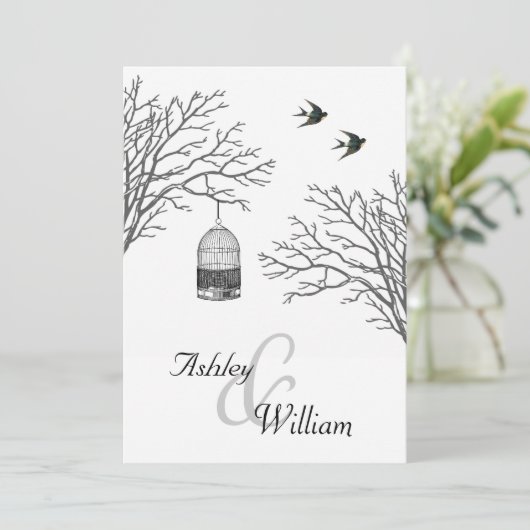  Birdcage Bare Branch Swallows Wedding Kaart (Staand voorkant)