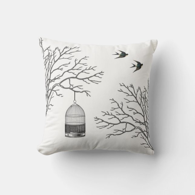  'Birdcage Bare Branches Swallows Pillow' Kussen (Voorkant)