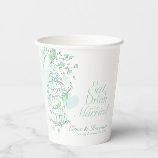 Birdcage bruiloft aangepaste naam groen en wit papieren bekers (Achterkant)