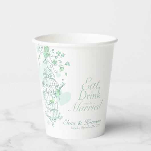 Birdcage bruiloft aangepaste naam groen en wit papieren bekers (Voorkant)