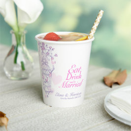 Birdcage bruiloft aangepaste naam roze en wit papieren bekers
