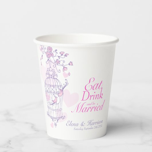 Birdcage bruiloft aangepaste naam roze en wit papieren bekers (Achterkant)