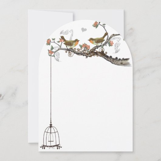 Birdcage Coral & Grey  Birds Wedding Invite Kaart (Achterkant)