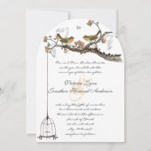 Birdcage Coral & Grey  Birds Wedding Invite Kaart (Voorkant)