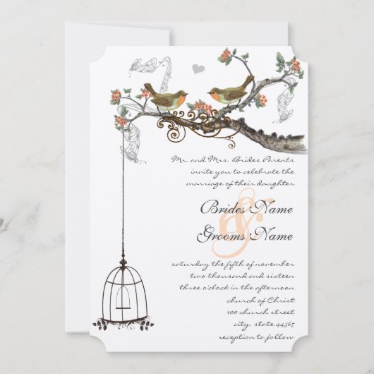 Birdcage Coral & Grey  Birds Wedding Invite Kaart (Voorkant)