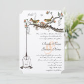 Birdcage Coral & Grey  Birds Wedding Invite Kaart (Staand voorkant)