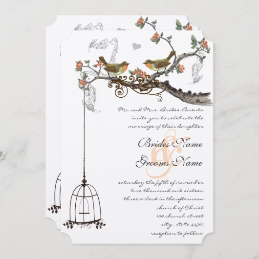 Birdcage Coral & Grey Birds Wedding Invite Kaart (Voorkant / Achterkant)