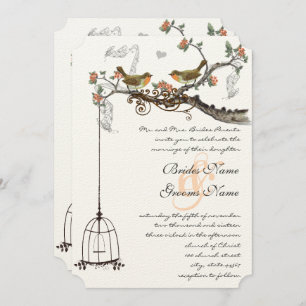 Birdcage Coral & Grey Birds Wedding Invite Kaart