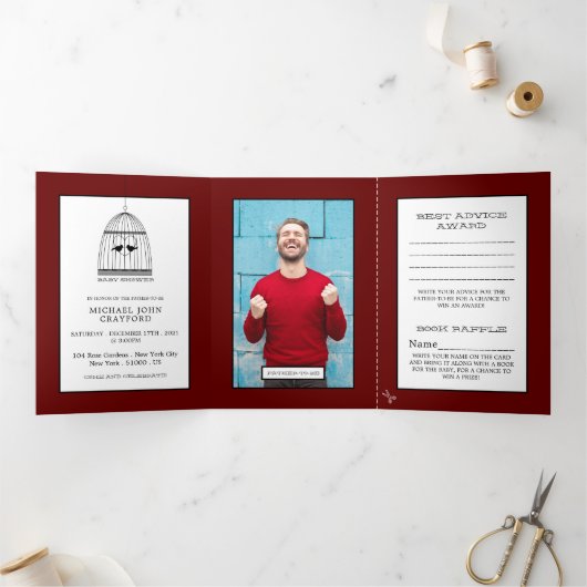 Birdcage Dark Red Baby shower Suite Drieluik Uitnodiging (Binnen)