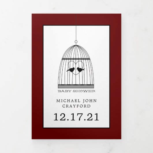  Birdcage Dark Red Baby shower Suite Drieluik Uitnodiging (Cover)