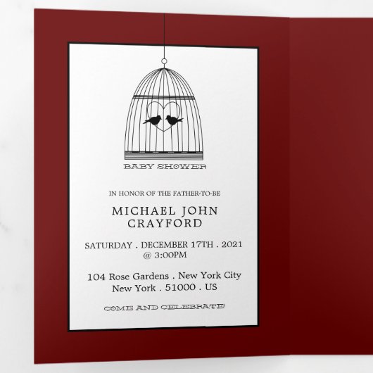  Birdcage Dark Red Baby shower Suite Drieluik Uitnodiging (Binnenzijde eerst)