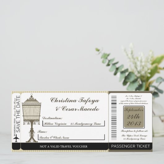 Birdcage/Grey Str Boarding Pass Wedding Invitation Kaart (Staand voorkant)