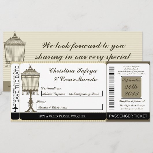 Birdcage/Grey Str Boarding Pass Wedding Invitation Kaart (Voorkant / Achterkant)