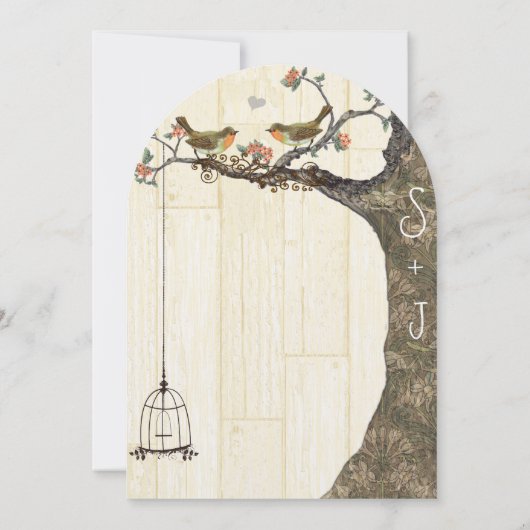 Birdcage Peach & Grey  Birds Wedding Invite Kaart (Achterkant)