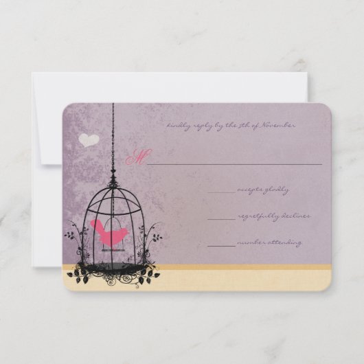 Birdcage Pink and Eggplant Wedding Invitations RSVP Kaartje (Voorkant)