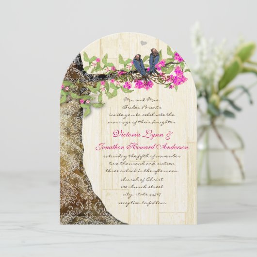 Birdcage Pink Navy Birds Wedding Damask Kaart (Staand voorkant)