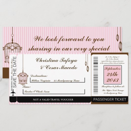 Birdcage/Roze Str Boarding Pass Weduwen Uitnodigin Kaart (Voorkant / Achterkant)