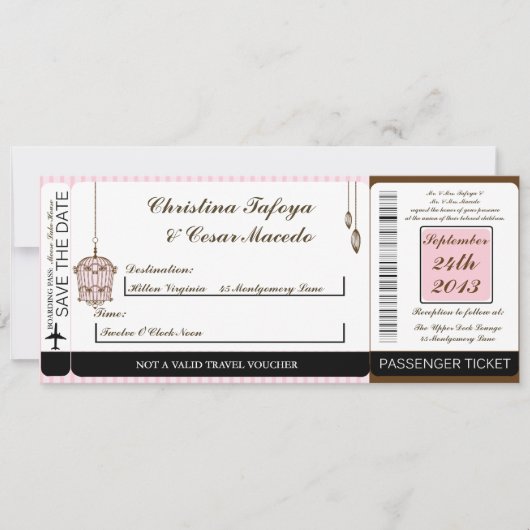 Birdcage/Roze Str Boarding Pass Weduwen Uitnodigin Kaart (Voorkant)