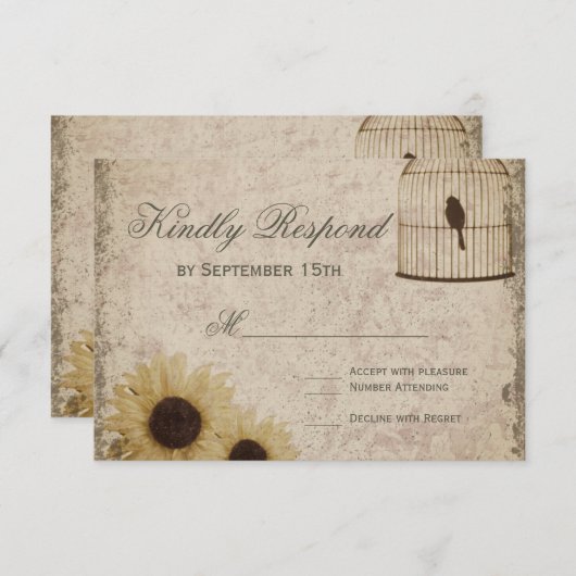 Birdcage Rustic Sunflower Weddenschap RSVP (Voorkant / Achterkant)