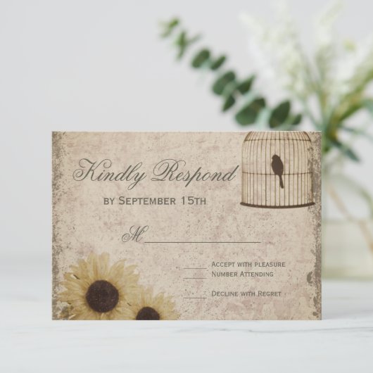 Birdcage Rustic Sunflower Weddenschap RSVP (Staand voorkant)