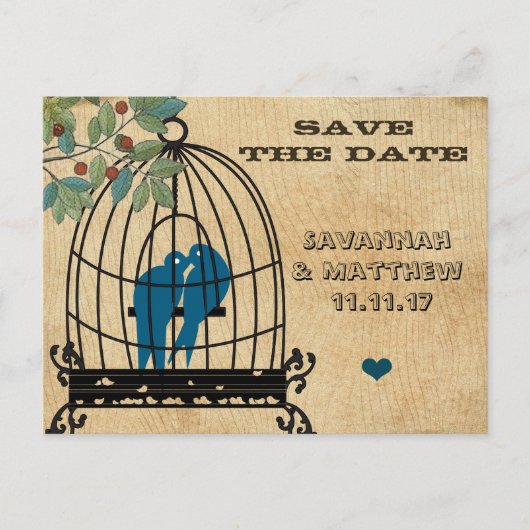 Birdcage Save the Date on Wood Grain Briefkaart (Voorkant)