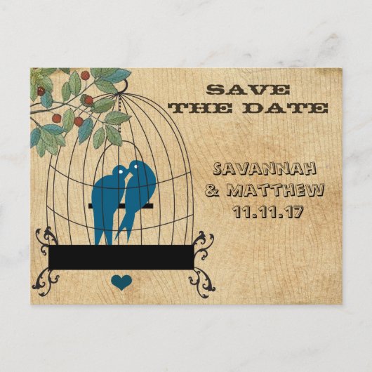 Birdcage Save the Date on Wood Grain Briefkaart (Voorkant)