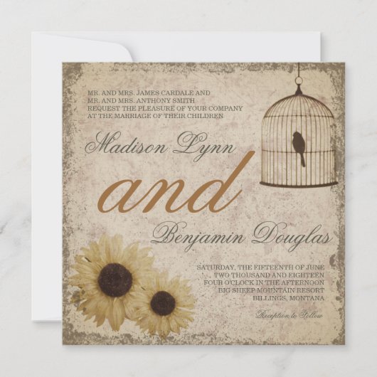 Birdcage-zonnebloemen Rustic Wedding Invite Kaart (Voorkant)