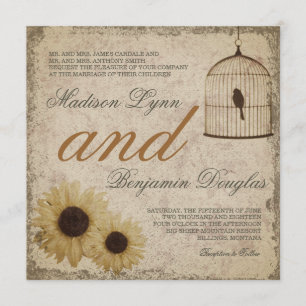 Birdcage-zonnebloemen Rustic Wedding Invite Kaart