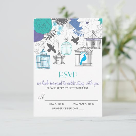  Birdcages Spring Floral RSVP-kaart RSVP Kaartje (Staand voorkant)