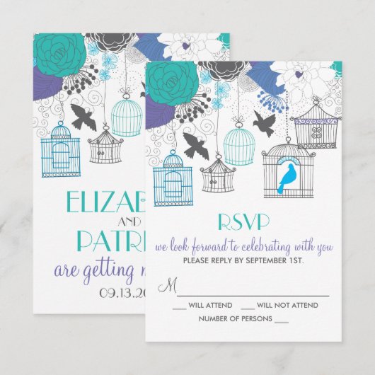  Birdcages Spring Floral RSVP-kaart RSVP Kaartje (Voorkant / Achterkant)
