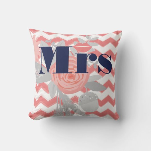 Birde Mrs Lips Navy Coral Gray Zig Zag Floral Kussen (Voorkant)