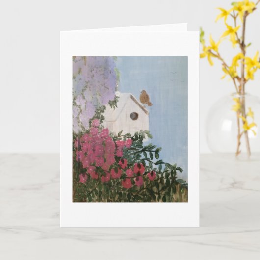 Birdhouse and Flowers Painting Blank Inside Kaart (Gele Bloem)