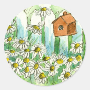 Birdhouse Daisy Garden Waterverf Flowers Ronde Sticker