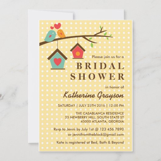 Birdhouse en Tortelduifjes Polka Dots Invitation Kaart (Voorkant)