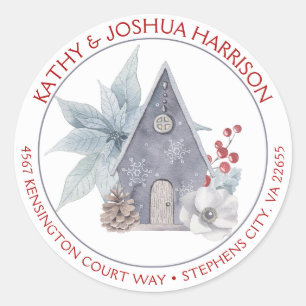 Birdhouse Poinsettias Berries Return Address Ronde Sticker
