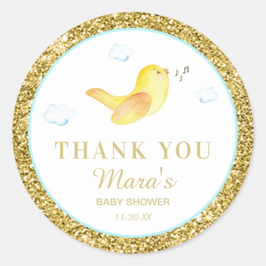 *~* Birdie Glitter Sky Baby shower Dank u Ronde Sticker (Voorkant)