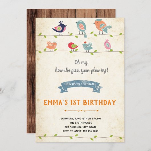 Birdies verjaardagsuitnodiging kaart (Voorkant / Achterkant)