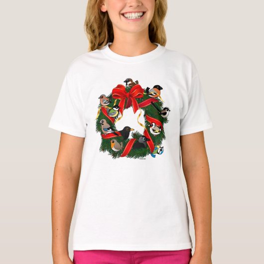 Birdorable Europese Tuin Vogels Kerst Krans T-shirt (Voorkant)