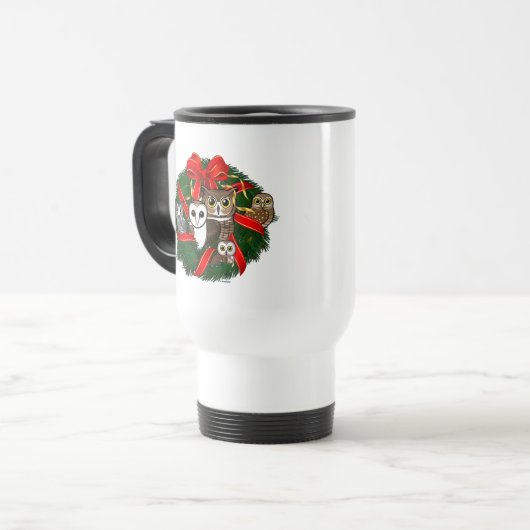 Birdorable Uilen Kerstkrans Reisbeker (Voorkant links)